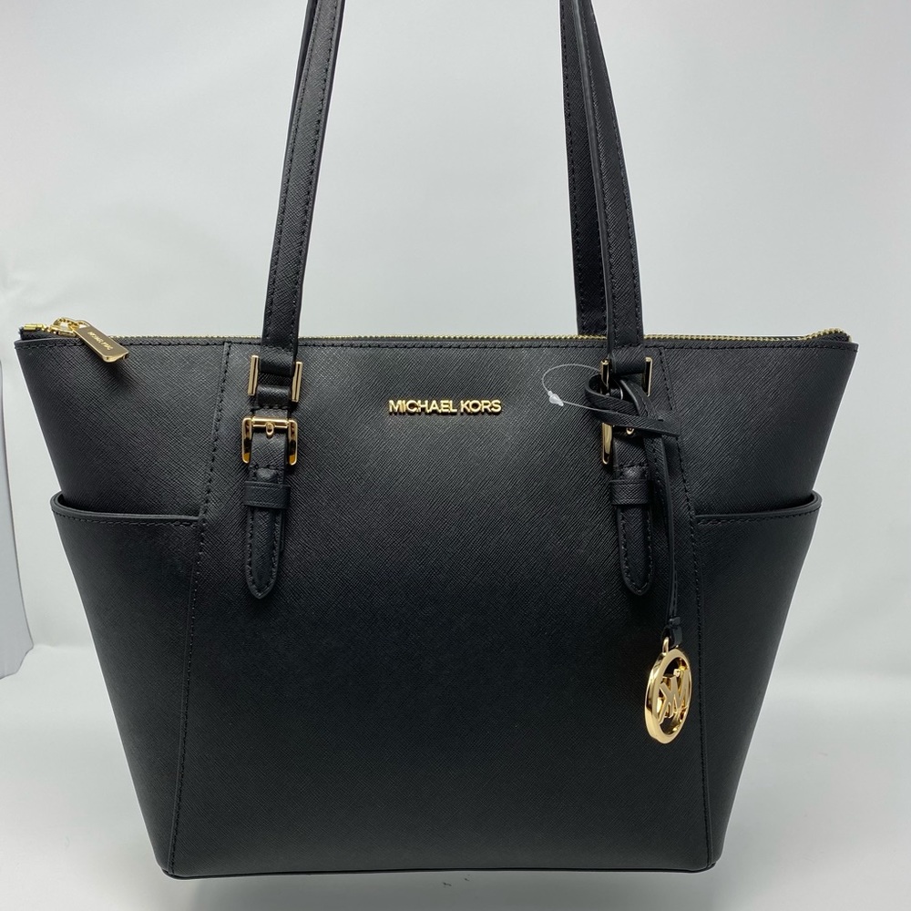 Michael Kors Charlotte Large Saffiano Leather Top-Zip Tote Bag Black